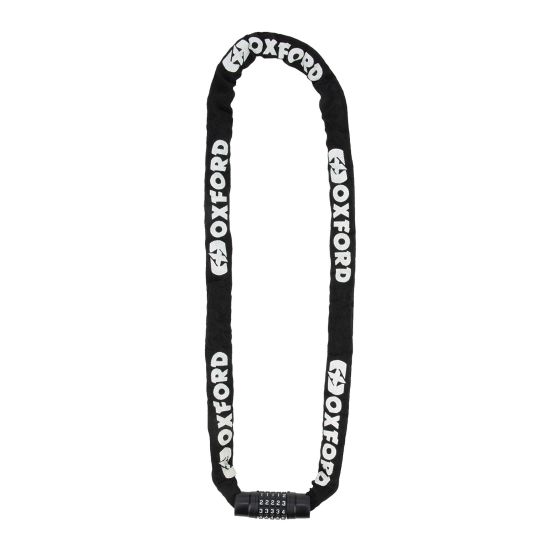 Black chain lock with a 5-meter length and 1-inch thickness, featuring a combination lock mechanism and prominent white "OXFORD" branding along the chain.