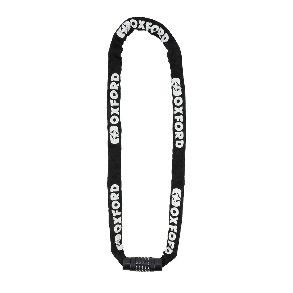 Black chain lock with a fabric cover, featuring a combination dial for security, and the Oxford logo prominently displayed along the length of the chain.