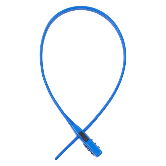 Bright blue, flexible zip lock with a combination dial, designed for securing items, featuring a smooth plastic finish and a slim, lightweight design.