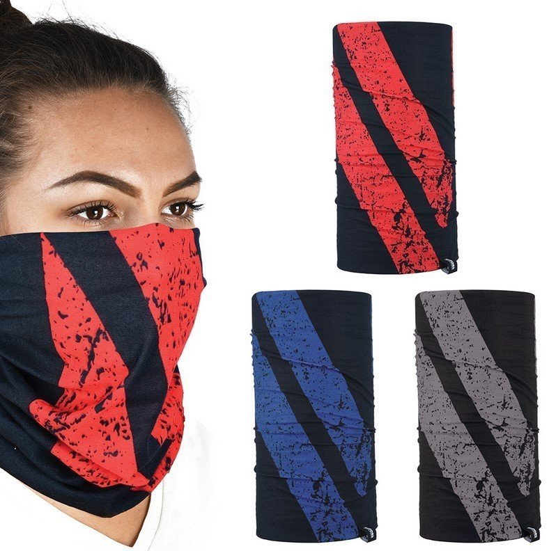 Multifunctional headwear in black with bold red, blue, and grey stripes, made from stretchy material, designed for versatile wear, available in one size.