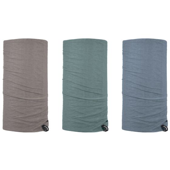 Multifunctional headwear in grey, beige, and green colors, made of soft material, designed for comfort and versatility, available in one size.