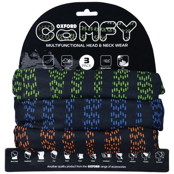 Three multifunctional head and neck wear pieces in black with colorful patterns, featuring blue, green, and orange designs, labeled as breathable and UV protective.