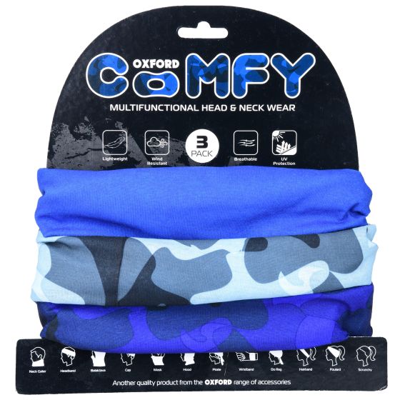 Three multifunctional neck tubes in blue shades, featuring a camouflage pattern and solid colors, lightweight and breathable material, packaged in a branded display.