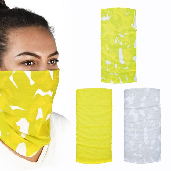 Three multifunctional neck gaiters in vibrant yellow with white abstract patterns, made of soft, stretchy material, ideal for outdoor activities.