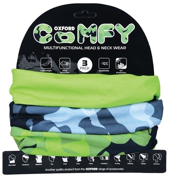 Three multifunctional head and neck wear in green, blue, and navy camouflage patterns, featuring lightweight, breathable, and UV protection materials, packaged in a branded display.