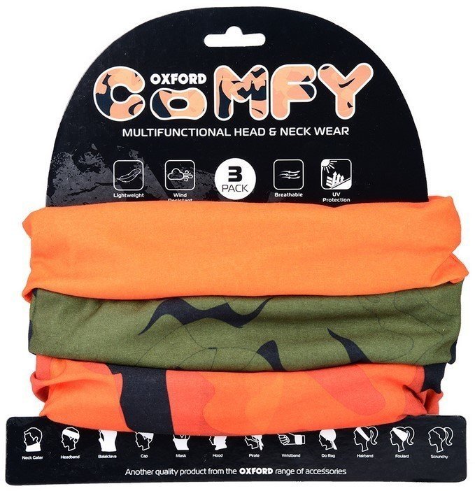 Three neck tubes in vibrant orange and camouflage patterns, made from lightweight, breathable material, featuring UV protection and wind resistance, packaged in a branded display.