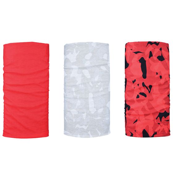 Three neck tubes in a pack: one solid red, one light gray with a subtle pattern, and one red with a black and red camouflage design, made of soft, stretchy material.