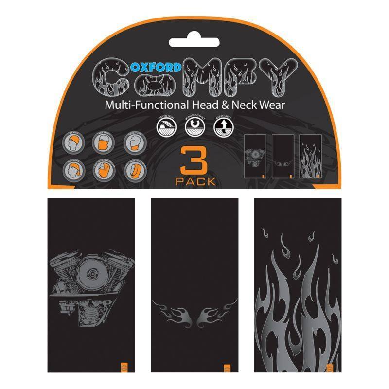 Multifunctional headwear pack by Oxford in black and grey, featuring three designs: a motorcycle engine, flame graphics, and a plain option, all in stretchy, breathable material.