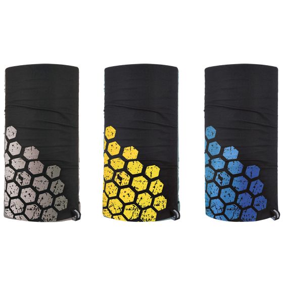 Three Oxford Hex Comfy Head & Neckwear pieces in black, featuring a gradient honeycomb pattern in grey, yellow, and blue, made from stretchy, breathable material.