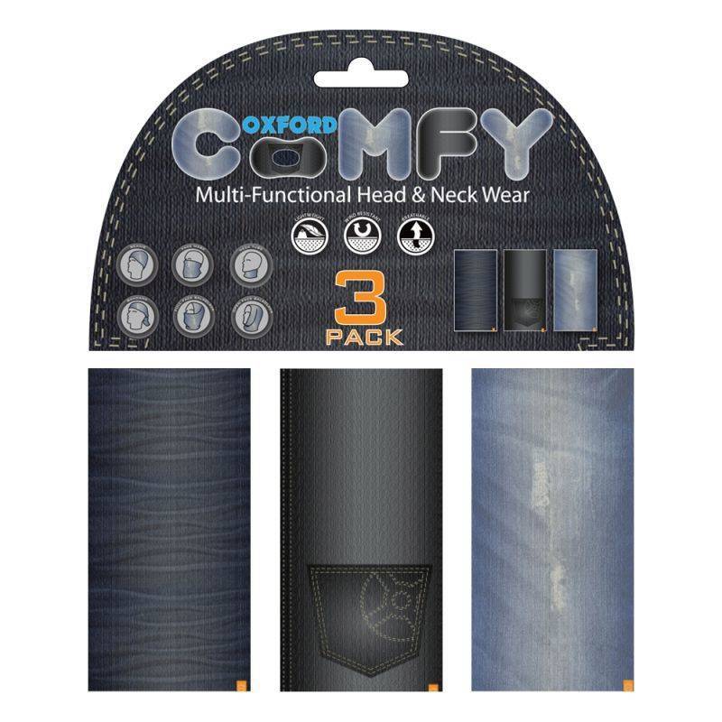 Pack of 3 Oxford Comfy Neck & Head Wear in various denim styles, featuring dark blue, light blue, and black colors with a paw print design on one.