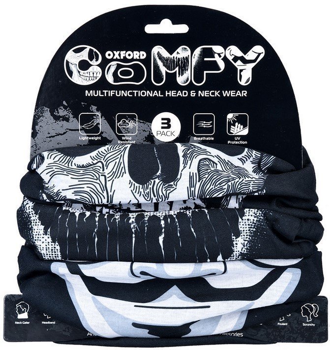Multifunctional head and neck wear in black and white with a graphic design, featuring lightweight, breathable material and UV protection, packaged in a 3-pack.