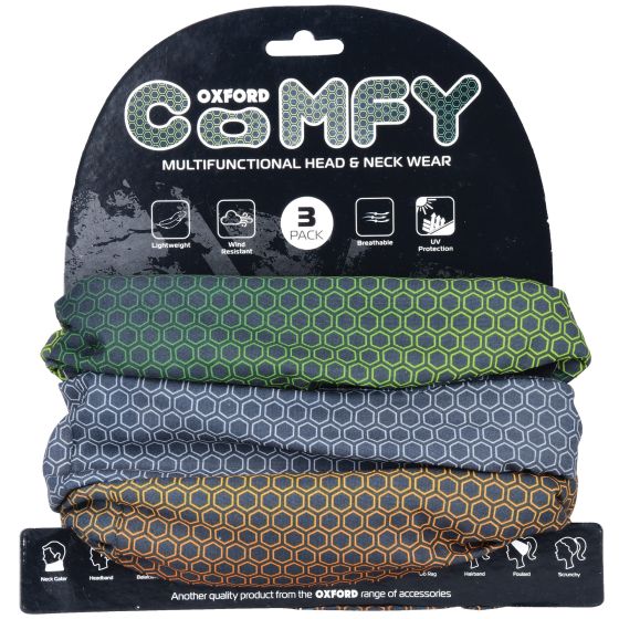 Multifunctional headwear pack featuring three colors: grey, green, and blue, with a hexagonal pattern, made from lightweight, breathable material, offering UV protection.