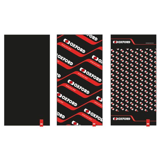 Three neck and head wear pieces in black and red, featuring a solid black design, a bold logo pattern, and a playful repeating logo pattern, made from soft, stretchy material.