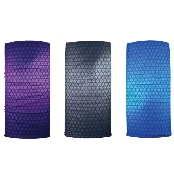 Multifunctional headwear in blue, violet, and grey with a textured pattern, designed by Oxford; available in one size.