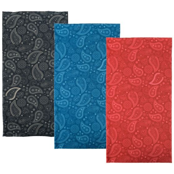 Multifunctional headwear set featuring three paisley-patterned pieces in black, blue, and red, made from soft, stretchy material, one size fits all.