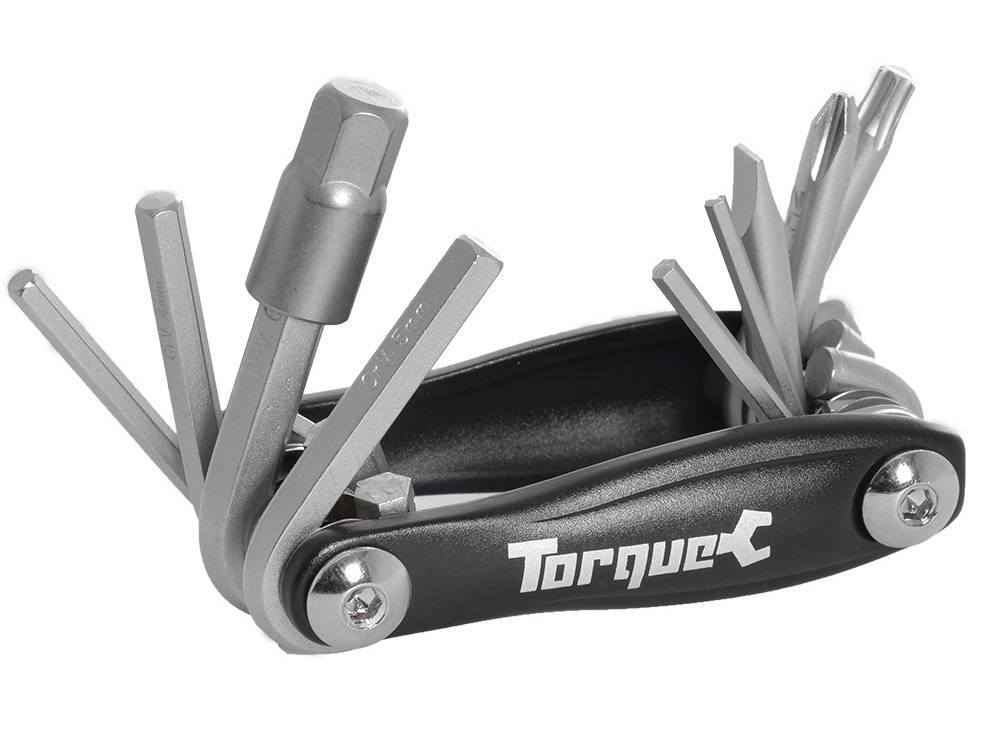 Compact black multi-tool with silver metal tools, featuring hex wrenches and a screwdriver, labeled "Torque" on the side, designed for versatility and portability.