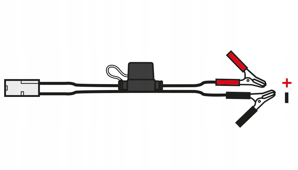 Black and red crocodile clips attached to a 0.5m cable with a connector, featuring a small inline fuse holder for motorcycle battery charging.