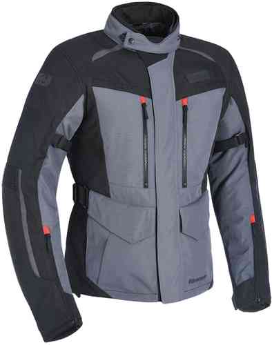 Tech grey motorcycle jacket with black accents, featuring multiple zippered pockets, adjustable straps, and a high collar for added protection.