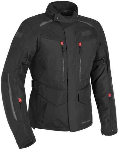 Black Oxford Continental Advanced Motorcycle Jacket features a durable material, multiple zippered pockets, adjustable straps, and reflective detailing for enhanced visibility.