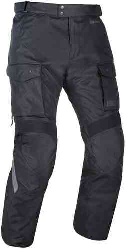 Black motorcycle trousers made from durable tech material, featuring multiple cargo pockets, reinforced knee panels, and reflective detailing for visibility.