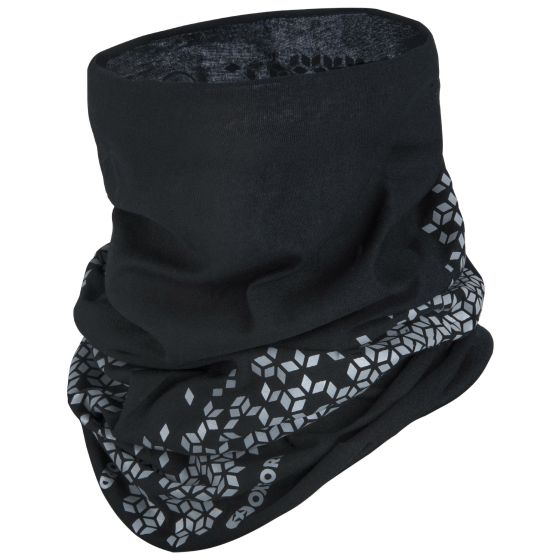 Black Coolmax neck tube featuring a reflective cubed pattern, made from breathable material, ideal for outdoor activities and enhancing visibility.
