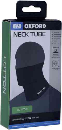 Black Oxford cotton neck warmer in a one-size fits all design, packaged in a green and blue box with clear labeling of product details.