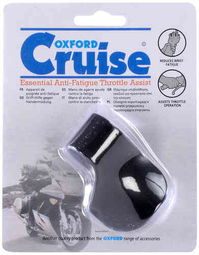 Black Oxford Cruise Throttle Assist designed for 28mm-32mm handlebars, featuring a curved grip for reduced wrist fatigue, packaged in a clear plastic blister with product details.