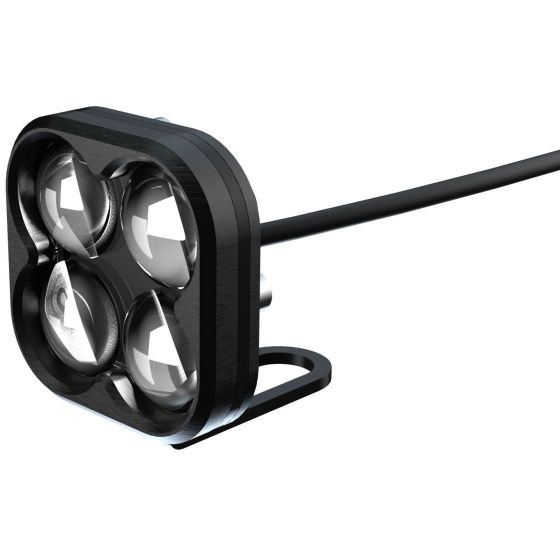 Black aluminum marker light featuring four round LED lenses, a sleek design, and a durable mounting bracket with a connected wire for easy installation.