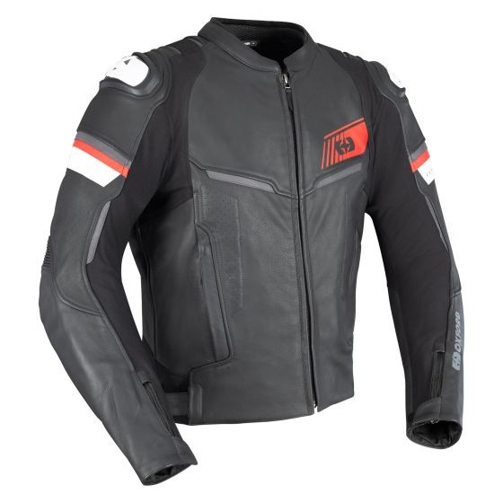 Black leather motorcycle jacket with white and red accents, featuring a zip closure, padded shoulders, and mesh panels for ventilation, designed for a sleek, sporty look.