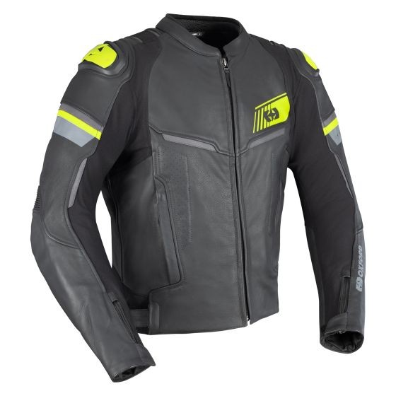 Black leather motorcycle jacket with fluo yellow accents, featuring a zip front, padded shoulders, and reflective stripes, designed for safety and style in size XL.