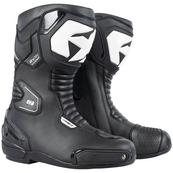 Black and white Oxford Cypher 1.0 Dry2Dry motorcycle boots featuring a sleek design, textured panels, reinforced toe, and ankle protection, size UK 11.