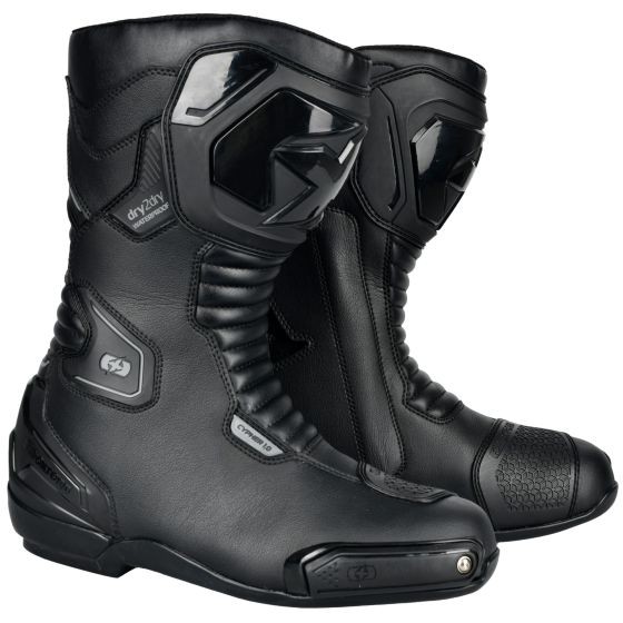 Stealth black motorcycle boots featuring a durable leather exterior, reinforced toe and ankle protection, and a sleek design with a textured grip sole.