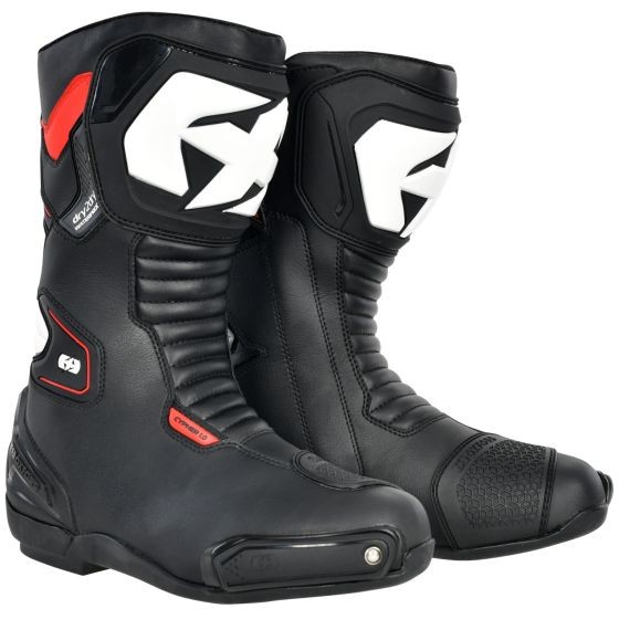 Black motorcycle boots with white and red accents, featuring a textured toe cap, padded ankle support, and a sleek design suitable for riding.