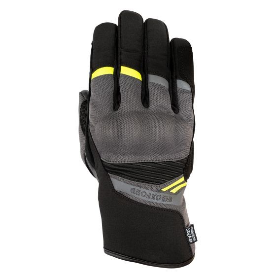 Charcoal and yellow Oxford Dakar 1.0 Dry2Dry motorcycle gloves in XXL, featuring a durable material, reinforced knuckles, and textured grip for enhanced control.