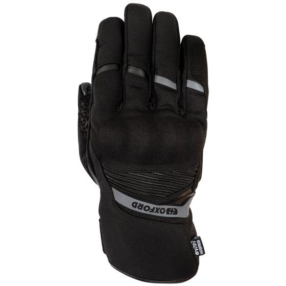 Black motorcycle gloves with a textured finish, featuring reinforced knuckles, reflective strips, and a Dry2Dry waterproof design, labeled "Oxford" on the wrist.