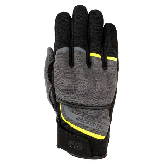 Charcoal and yellow Oxford Dakar 1.0 motorcycle gloves in size XL, featuring a mix of textile and leather materials, with reinforced knuckles and reflective accents.
