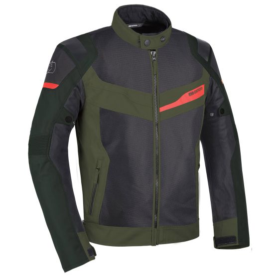 Oxford Dakar Dry2Dry Air 1.0 motorcycle jacket in 4XL, featuring a green and black design, mesh panels, red accents, and a high collar for ventilation and comfort.