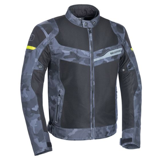 Textile jacket in black, grey, and dark grey camo pattern, featuring waterproof material, a high collar, zip closure, and mesh panels for ventilation, size M.