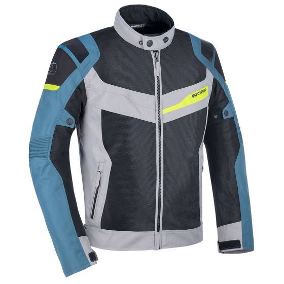 Silver and black motorcycle jacket with blue fluo accents, featuring mesh panels, a high collar, zippered front, and reflective detailing for visibility.