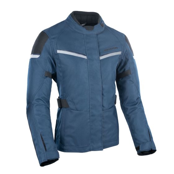 Textile waterproof jacket for women in dark blue and black, featuring reflective stripes, adjustable waist, and padded shoulders, size 40 by Oxford.