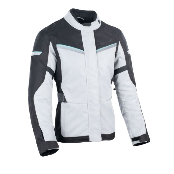 Light grey and black waterproof textile jacket for women, featuring a modern design, adjustable waist, and reflective accents, size 42 by Oxford.