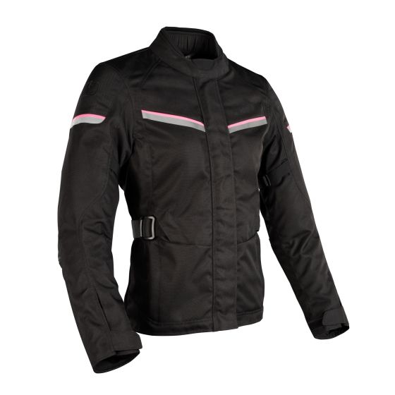 Ladies motorcycle jacket in black with pink accents, featuring a high collar, adjustable waist, and protective padding, designed for comfort and safety on the road.