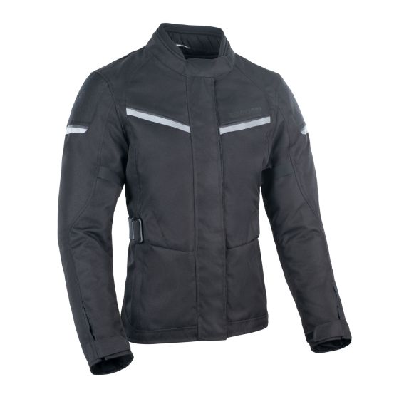 Black waterproof textile jacket for women, featuring a sleek design, reflective strips on the shoulders, and a fitted silhouette, available in size 36.
