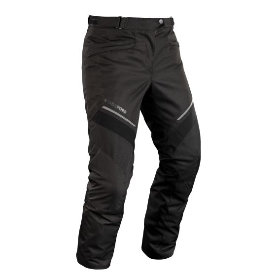 Black waterproof textile pants for women by Oxford, featuring a sleek design, adjustable waistband, and reflective detailing for visibility, size 48.