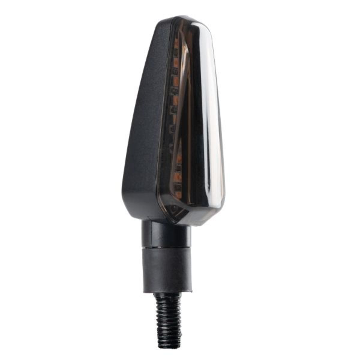 Black plastic turn signal with a sleek, aerodynamic design, featuring a clear lens that houses amber LED lights, mounted on a threaded base for easy installation.