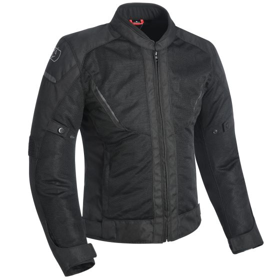 Black Oxford Delta 1.0 MS Air Motorcycle Jacket in XL, featuring mesh panels for ventilation, a sleek design, and padded shoulders for added protection.