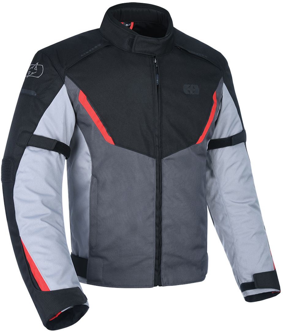 Black, grey, and red Oxford Delta 1.0 MS motorcycle jacket in size 3XL, featuring a sleek design, padded shoulders, and reflective accents for visibility.
