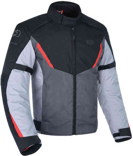 Oxford Delta 1.0 MS motorcycle jacket in 4XL, featuring a black, grey, and red color scheme, made from durable material with reflective accents and adjustable straps.