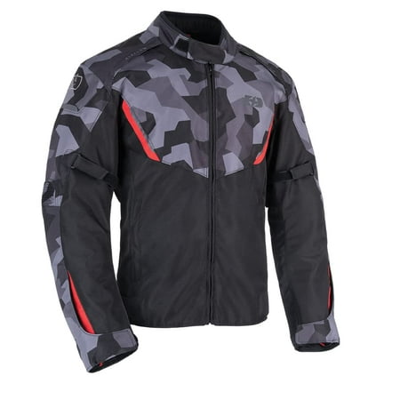 Waterproof textile jacket in black, grey, and red camo pattern, featuring a front zipper, adjustable cuffs, and a size of 5XL, designed for durability and style.