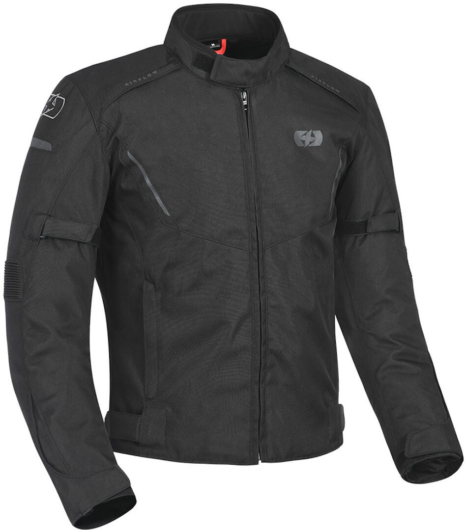 Black Oxford Delta 1.0 textile jacket, size M, featuring waterproof material, zippered front, adjustable cuffs, and logo detailing on the chest and shoulders.
